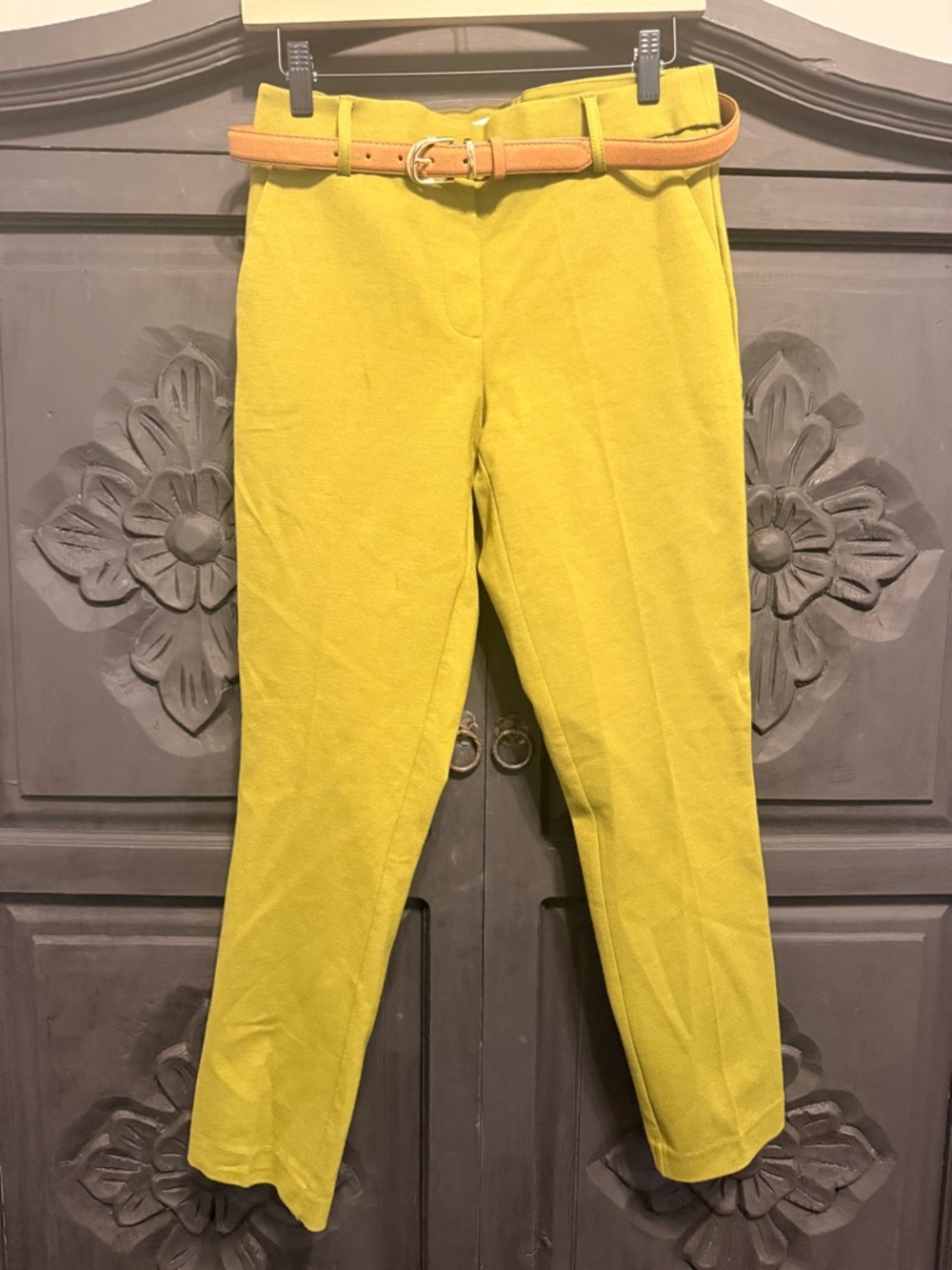 Jules & Leopold green/chatreuse Straight-Leg Pants with Tan Belt